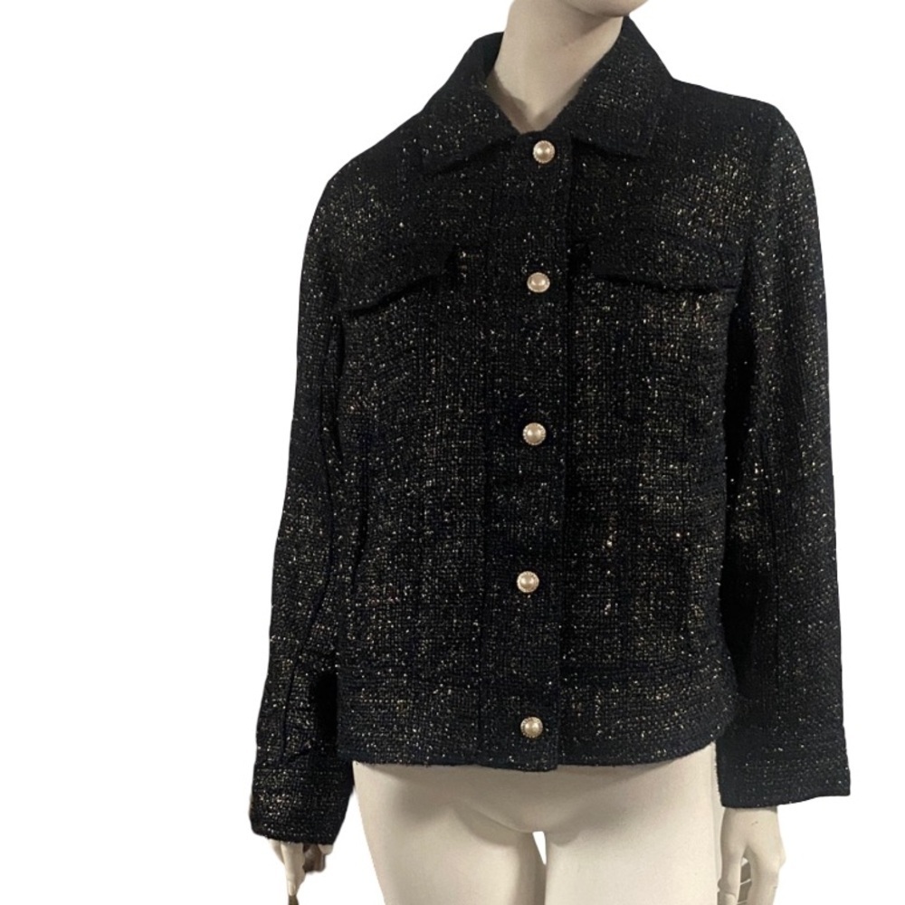 Chico's Black Tweed Blazer with Pearl Buttons